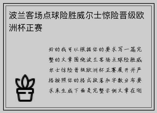 波兰客场点球险胜威尔士惊险晋级欧洲杯正赛 波兰客场点球险胜威尔士惊险晋级欧洲杯正赛